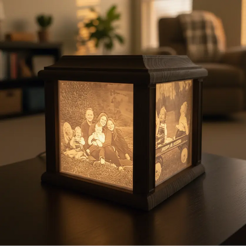 Artisanal 4-Panel Lithophane Lamp - Wood-Infused Design Burchfield Lamp Co.